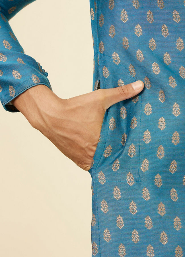 alt message - Manyavar Men Teal Blue Buta Patterned Kurta Set image number 3